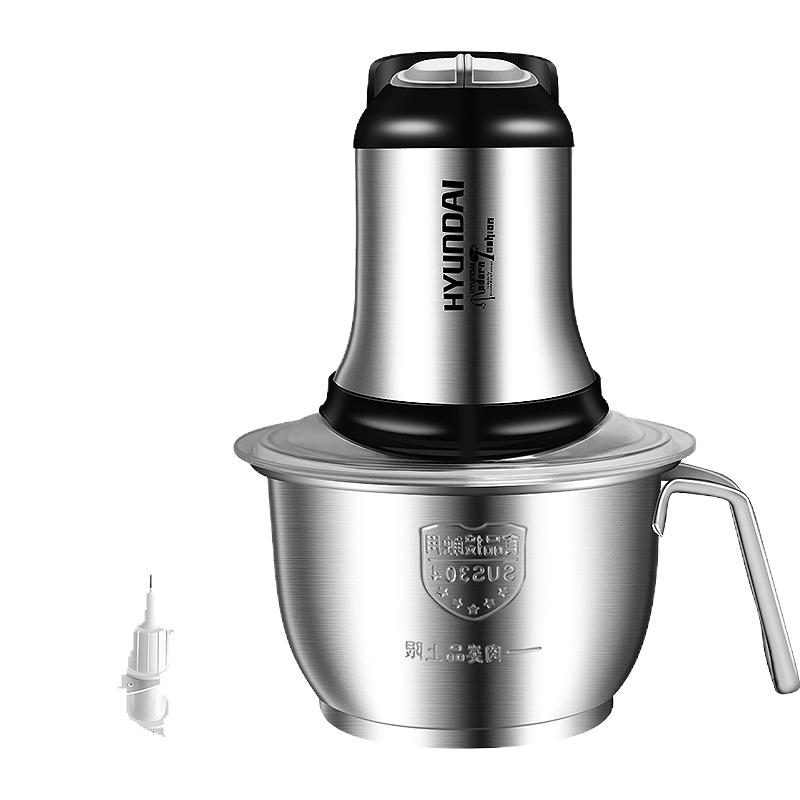 Hyundai绞肉机家用电动小型不锈钢多功能搅拌碎菜肉馅蒜蓉料理机[不锈钢碗单刀]
