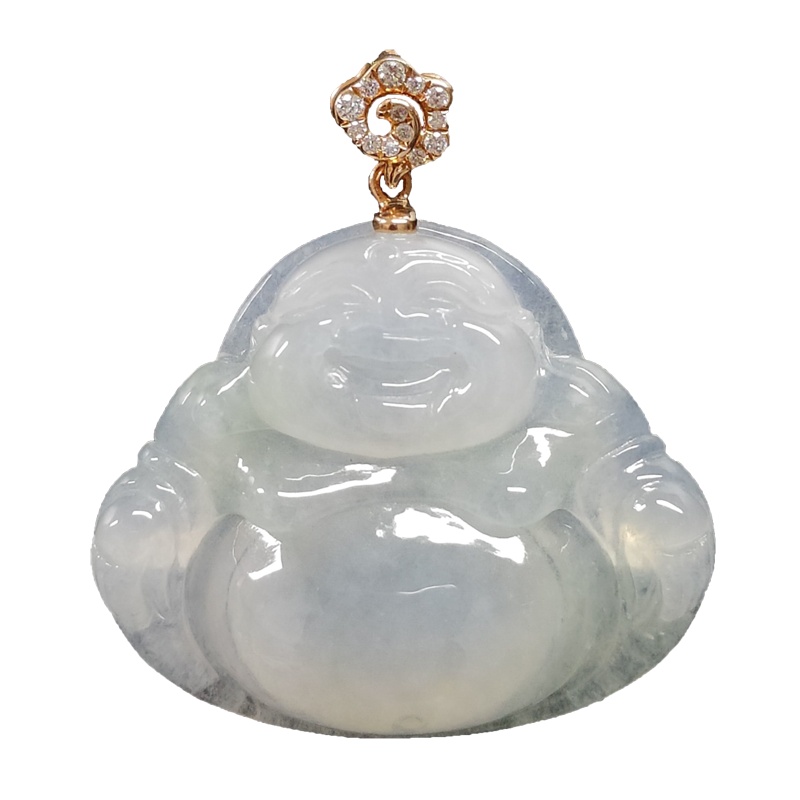 缘源珠宝 天然A货翡翠吊坠 祥云镶钻18K翡翠佛公玉坠 冰糯男女款玉坠 不含链