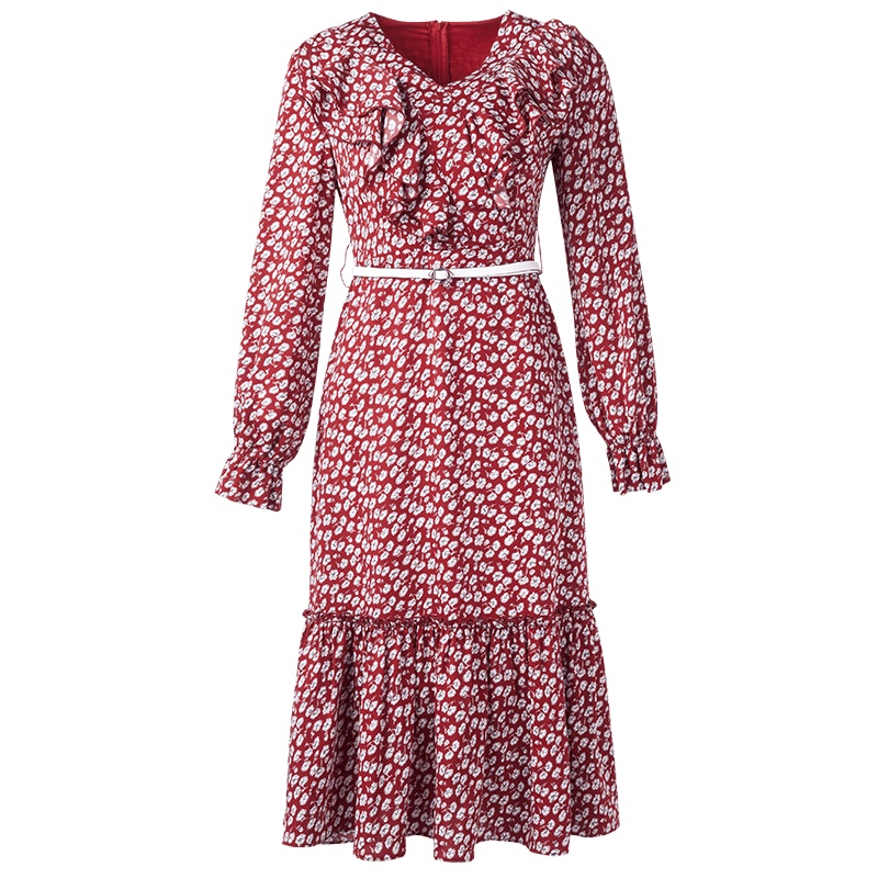 晚白 2020春季新品碎花V领长袖中长款荷叶边淑女印花雪纺连衣裙女