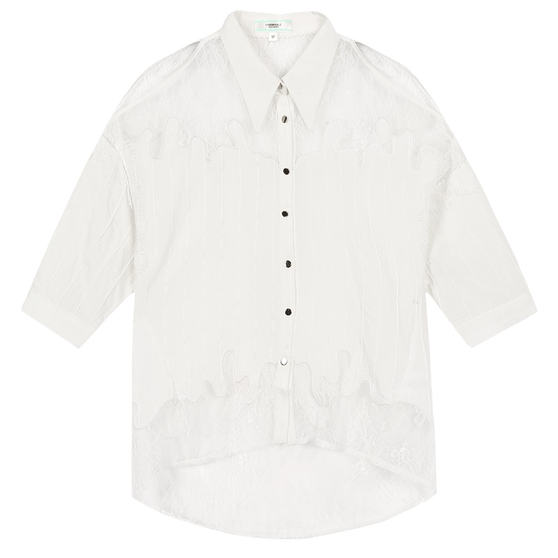 马克华菲女装2019夏衬衫女蕾丝露肩韩版衬衫上衣女