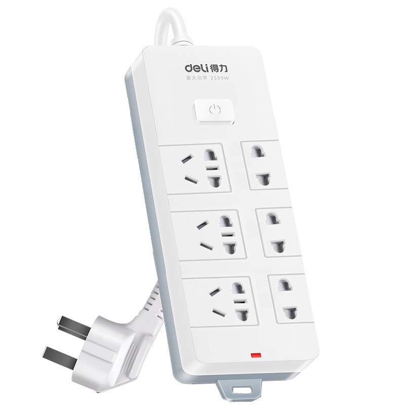 得力(deli)18255新国标6位2米 大孔距总控开关插座/插排/插线板/接线板/排插/拖线板 白色
