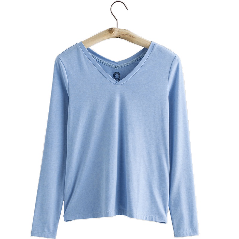 茵曼女装春秋新款双面V领长袖T恤打底上衣女