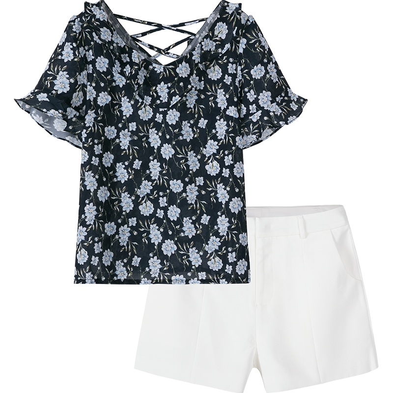 【满198减100预估价：50】森马女装潮喇叭袖上衣女套装甜美少女V领碎花纯色弹力