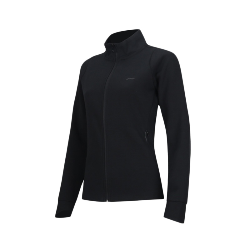 LI-NING 李宁外套女 秋冬运动外套 新款黑色休闲长袖拉链开衫上衣跑步训练服卫衣