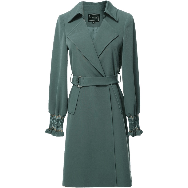 欧昵雪时尚西装领喇叭袖修身中长款风衣外套女长袖