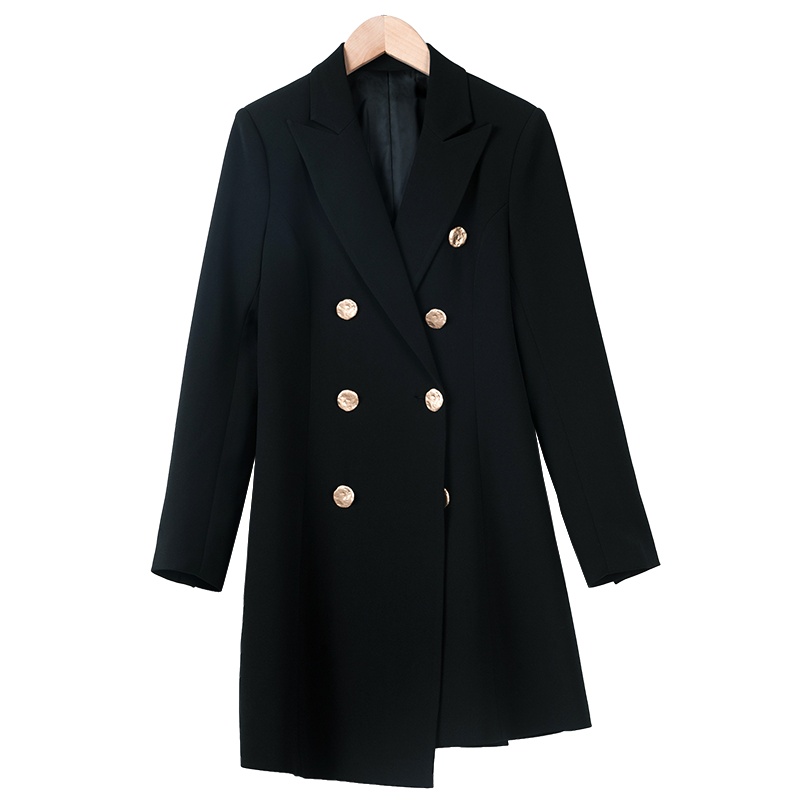 晚白 2019秋新品通勤百搭纯色翻领双排扣中长款职业OL西装外套女