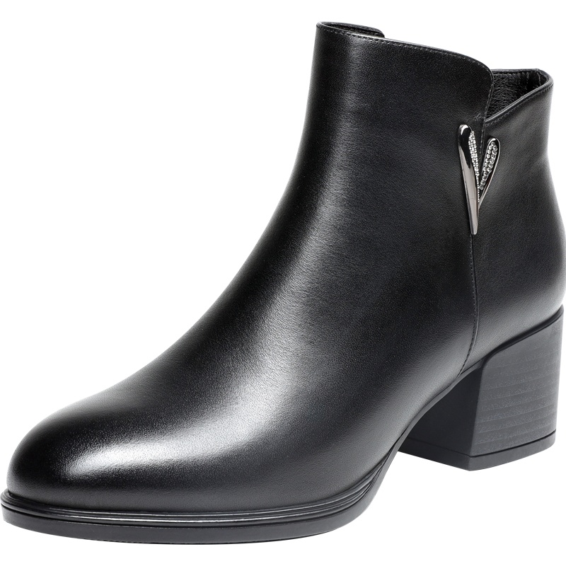 红蜻蜓女鞋2020冬季新款真皮粗跟短靴女英伦百搭休闲皮鞋高跟棉鞋