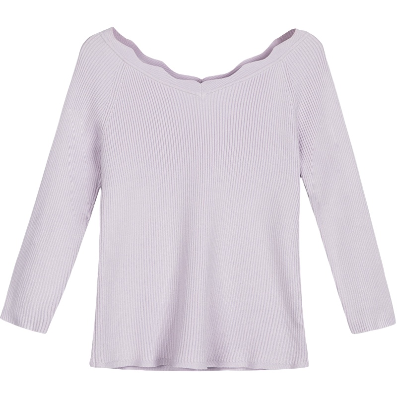 拉夏贝尔低V领针织衫女新韩版百搭修身长袖内搭纯色打底毛衣薄款