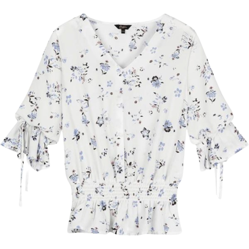 【专柜同款】拉夏贝尔印花衬衫女夏季短袖2020新款v领碎花雪纺衫可爱小清新蝴蝶结上衣30082565