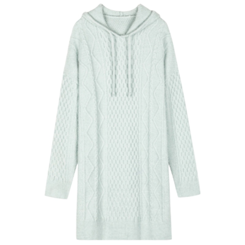 专柜同款拉夏贝尔针织连衣裙2019冬季新款针织连帽冰粉蓝洋气时尚毛衣裙女10023587