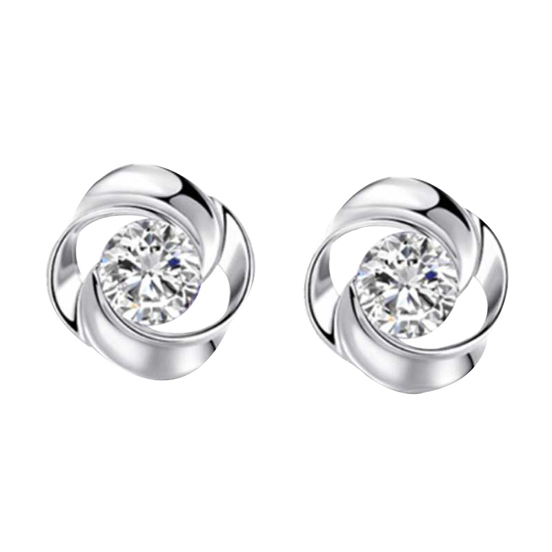 依帝魅礼品定制银耳饰s925纯银旋转玫瑰耳钉四叶草花朵耳钉韩版玫瑰花锆石耳环耳饰女生饰品同款情人节礼物