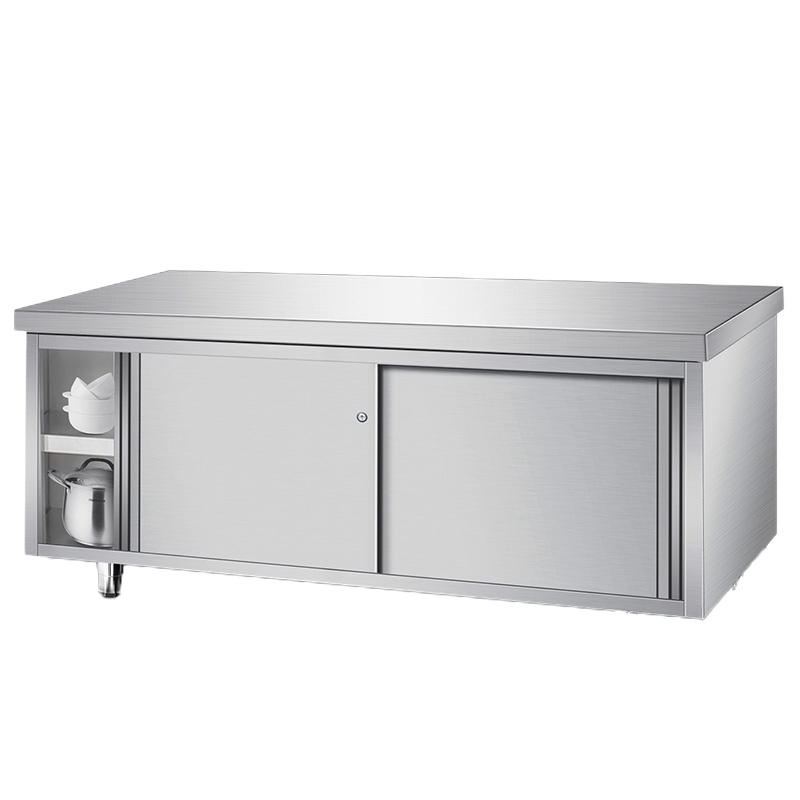 不锈钢工作台厨房打荷台奶茶店商用储物柜操作台厨房设备拉门切菜桌子 电热式前开口