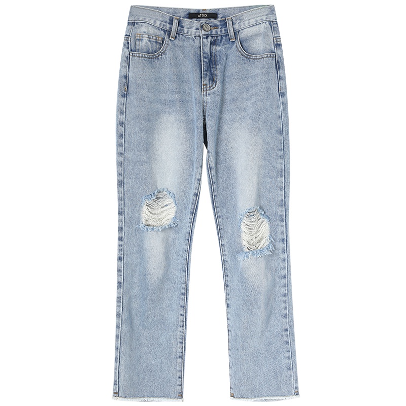妖精的口袋破洞裤女宽松直筒裤2019夏季新款韩国bf乞丐裤牛仔裤潮