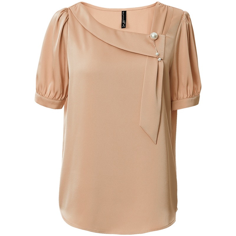 欧昵雪不规则斜领上衣夏休闲通勤泡泡袖直筒梭织衬衫女