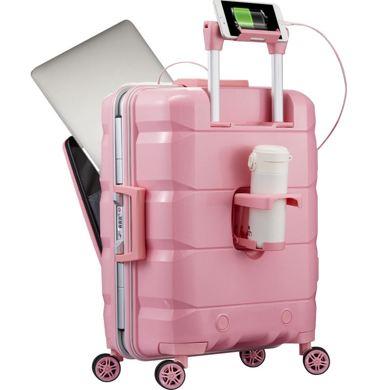 Lucky Club高颜值前置电脑行李箱男女密码开口商务旅行小型20寸多功能拉杆箱子子母箱20寸铝框粉