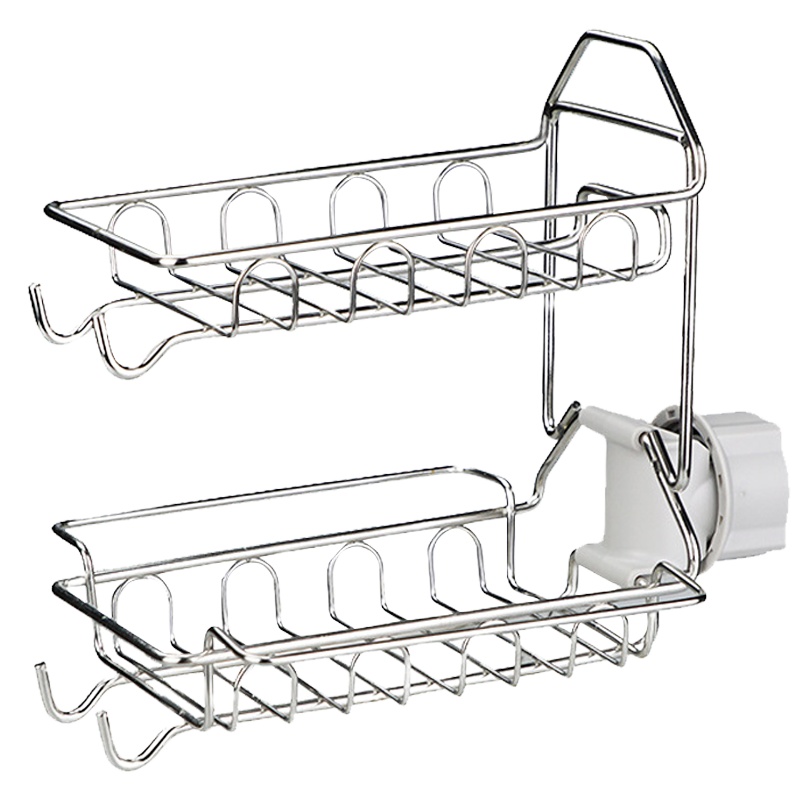 双层水龙头置物架 厨房浴室水龙头多用收纳层架家用不锈钢免打孔抹布海绵刷钢丝球抹布水槽沥水架 科林清