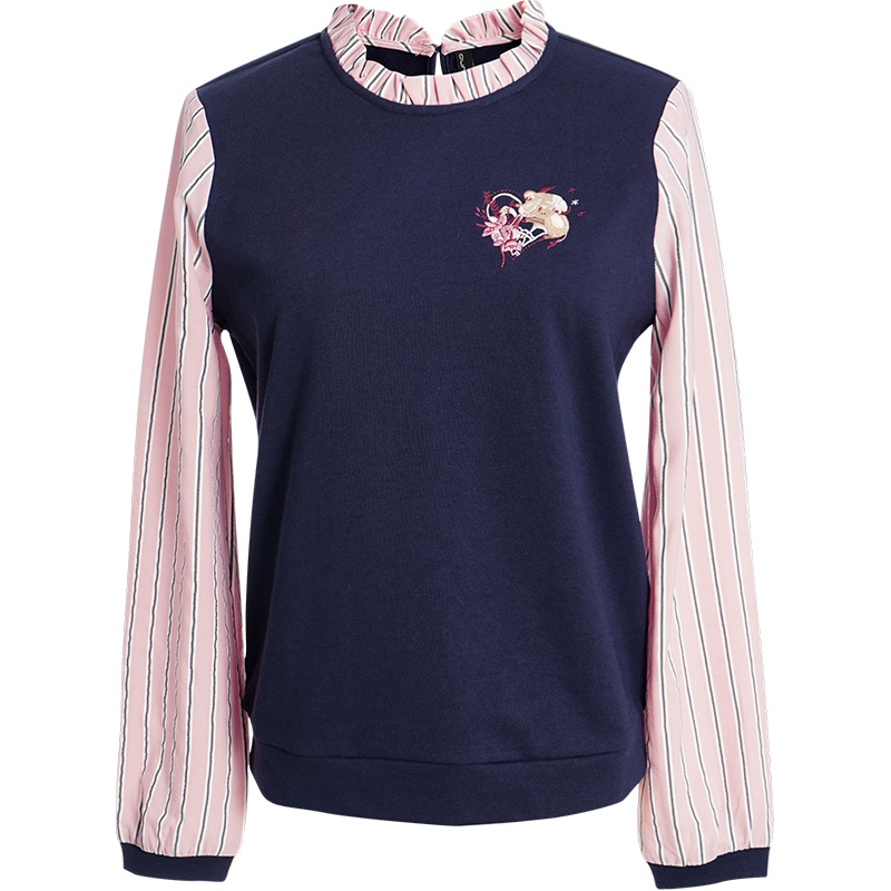 OUNIXUE欧昵雪 | [木耳边拼接条纹上衣]温柔风立领假两件上衣宽松卫衣女