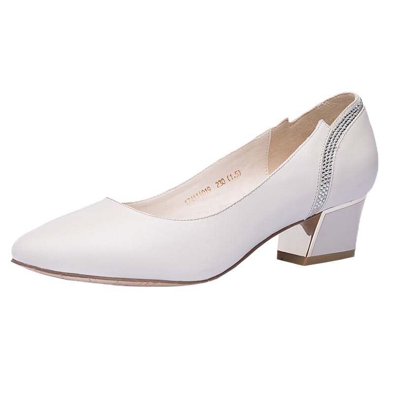 奥康女鞋简约时尚小尖头粗跟浅口复古单鞋女职业工作鞋