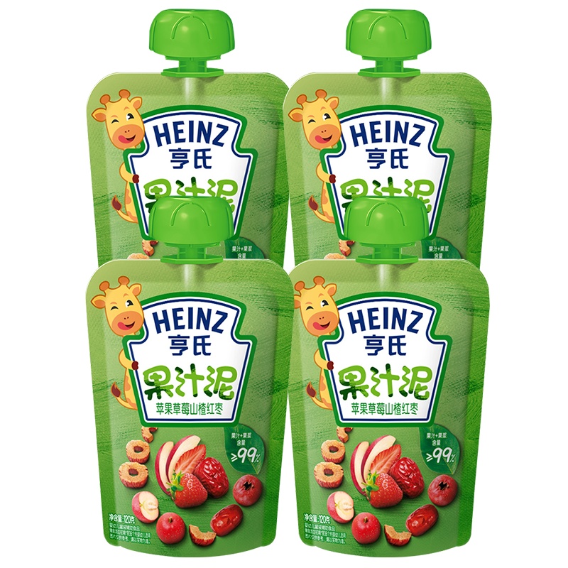 Heinz/亨氏乐维滋苹果草莓山楂红枣果泥果汁泥120g*4袋 亨氏果泥婴儿果泥吸吸乐 宝宝水果泥辅食宝宝营养零食