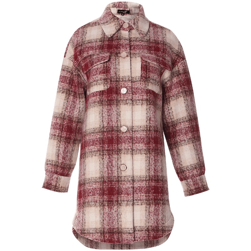 欧昵雪冬季翻领格纹前短后长宽松毛呢外套女中长款大衣