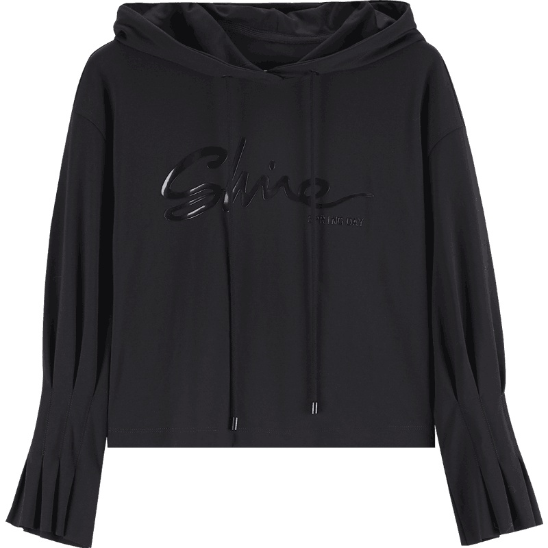 爱居兔春装2019女装连帽黑色时尚短款喇叭袖卫衣