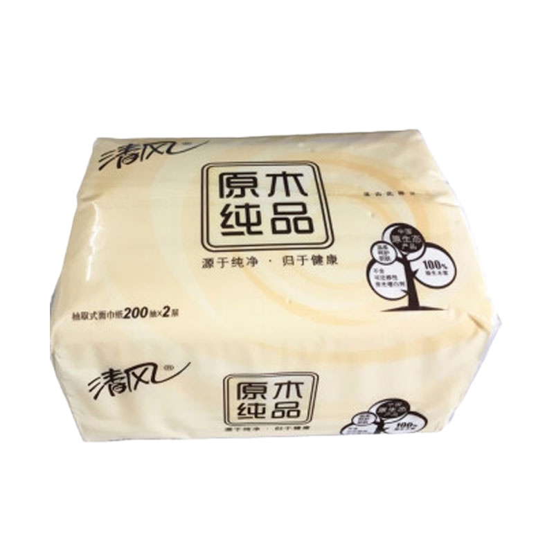 清风(APP)BR38SC1抽纸 原木纯品 面巾纸 家用卫生纸巾200抽 餐巾纸,3包/提 200抽/双 16提