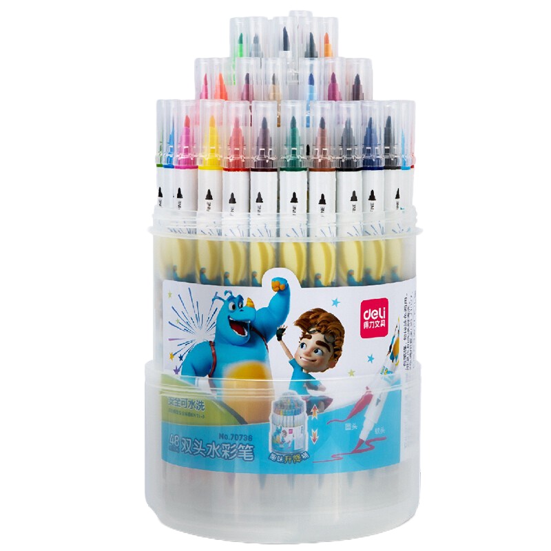 得力(deli)48色可水洗双头学生水彩笔 旋转桶装儿童绘画笔 画画笔涂鸦笔套装 70736