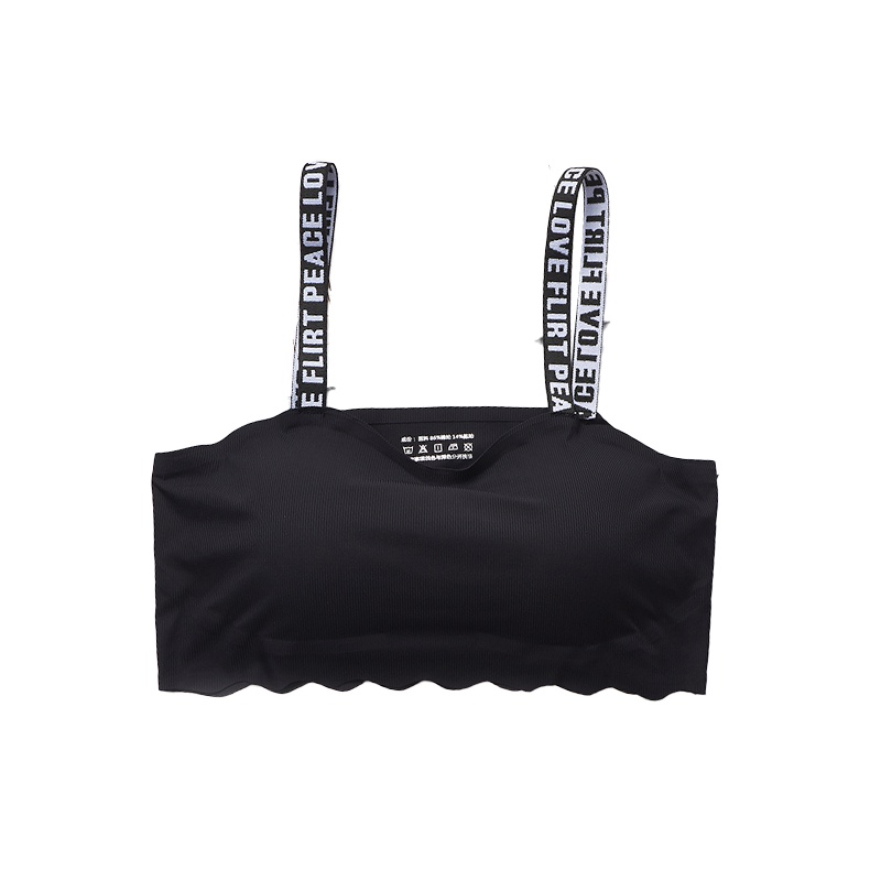 浅杏内衣字母肩带女士文胸运动透气螺纹时尚裹胸聚拢睡眠学生抹胸