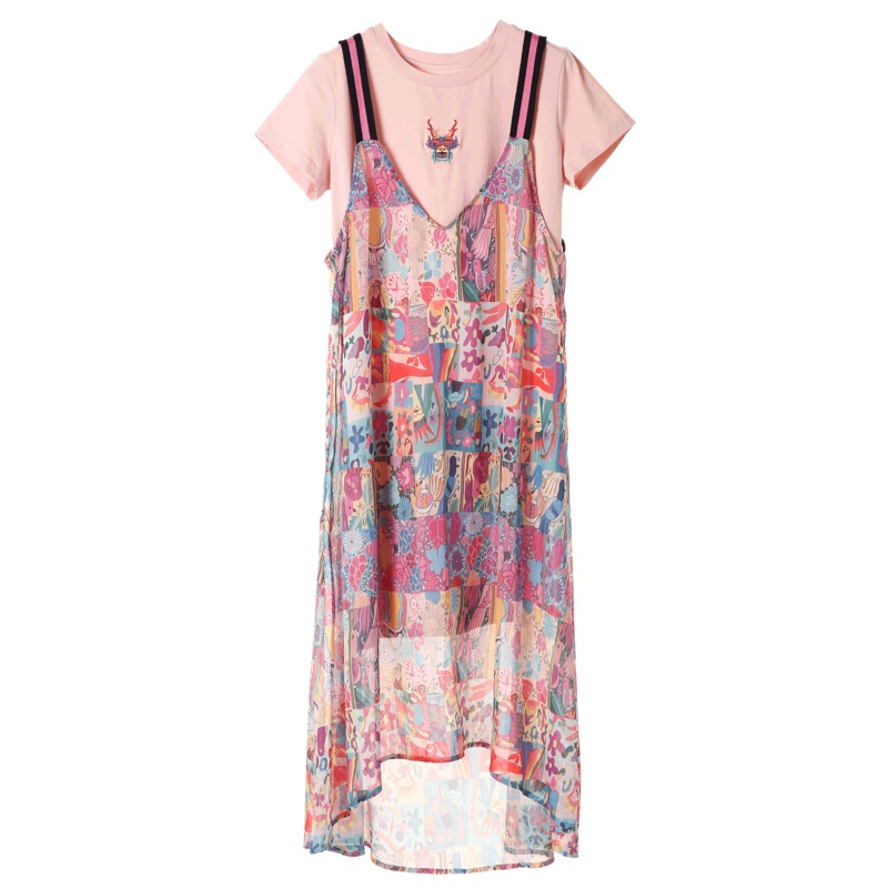 裂帛吊带连衣裙套装夏装新款刺绣短袖T恤碎花休闲两件套