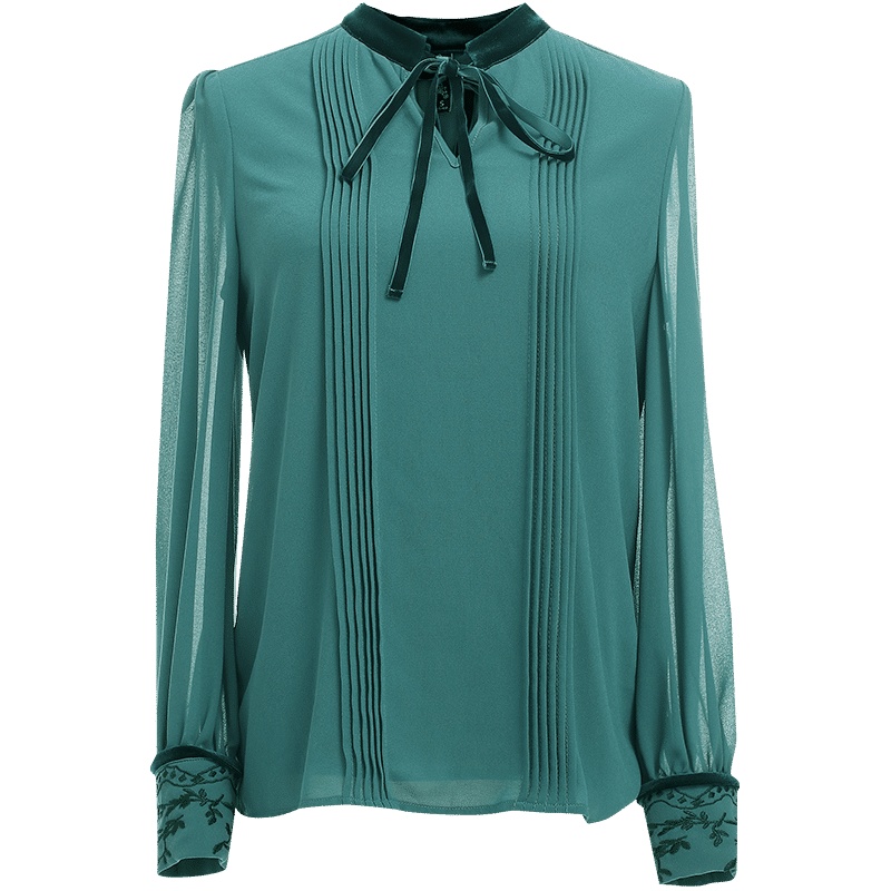 欧昵雪丝绒立领蝴蝶结绣花长袖口显瘦雪纺衫女上衣