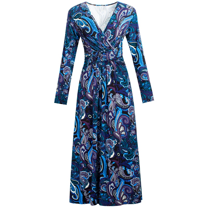 蓝色针织连衣裙女2021秋季新款复古V领长袖褶皱镶钻印花长裙