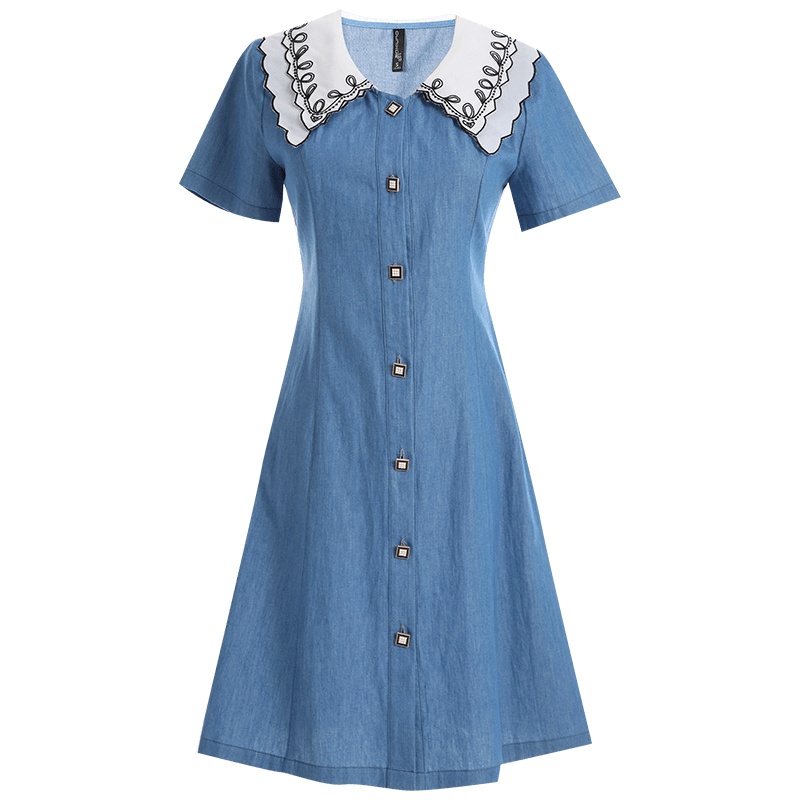 欧昵雪夏季绣花娃娃领收腰牛仔连衣裙女显瘦短袖a字裙子