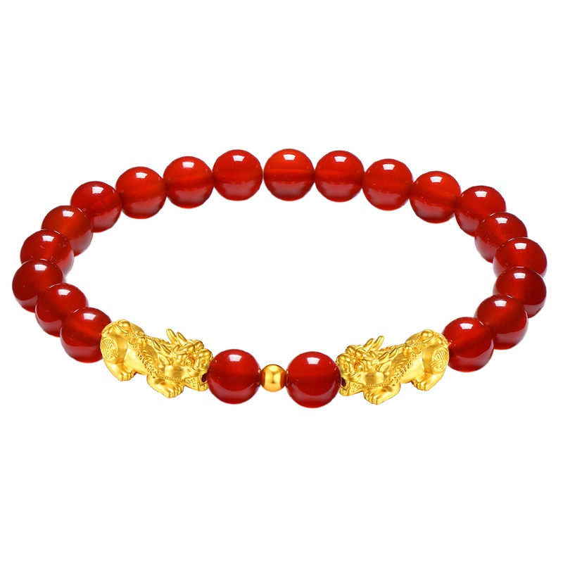 蒂蔻 貔貅黄金手链女士款3D硬金红玛瑙路路通手串自戴足金饰品生日礼物送老婆