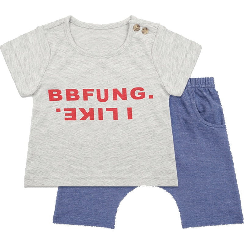 男童花灰肩花灰开扣圆领T恤套装