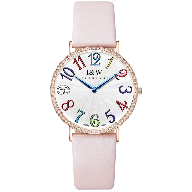瑞士原装进口嘉年华CARNIVAL手表女款 炫彩数字刻度个性腕表 女表真皮带防水石英表 女士手表休闲时尚80235