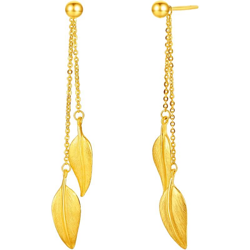 梦金园黄金耳坠足金999 金叶子耳线耳钉耳饰女气质长款耳环 两戴