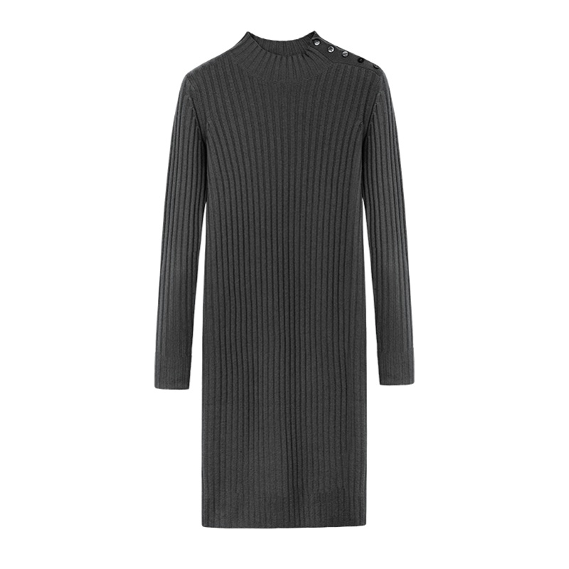 鄂尔多斯ERDOS秋冬半高领修身坑条肩扣女羊绒针织连衣裙