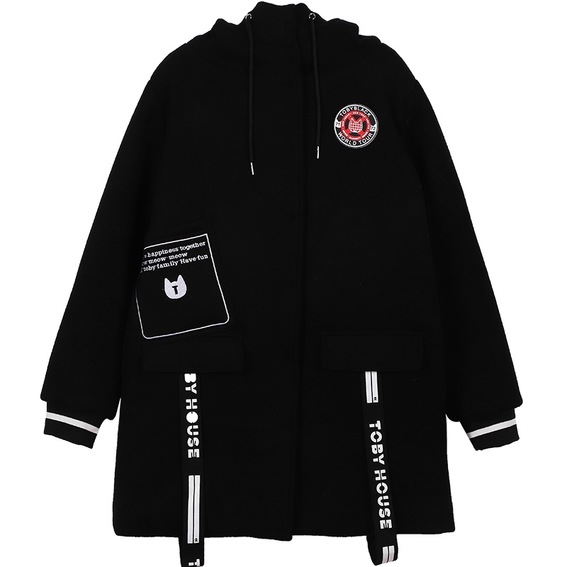 a02新款潮流刺绣印花字母飘带中长款毛呢外套女DTU5B0351CT