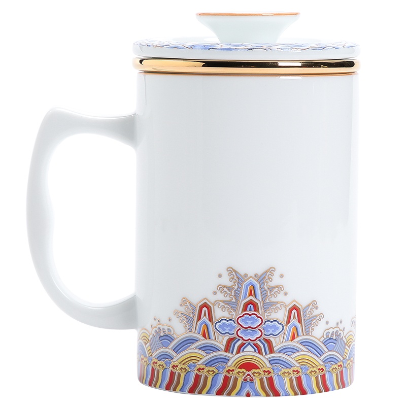 苏氏陶瓷泡茶杯办公杯水杯旭日东升带内胆茶隔杯茶水分离泡茶杯子(白)