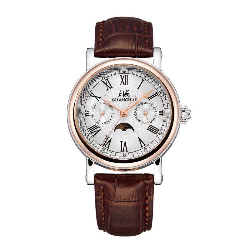 上海手表上海牌手表男士休闲多功能机械表星期、日历、月相三眼多功能表盘新国货机械手表S017