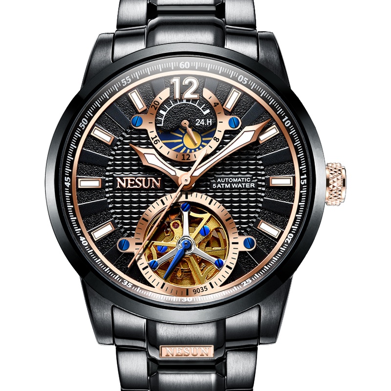 尼尚(NESUN)正品手表男运动陀飞轮全自动机械表 男表潮流男士黑色镂空休闲时尚防水男表S9035