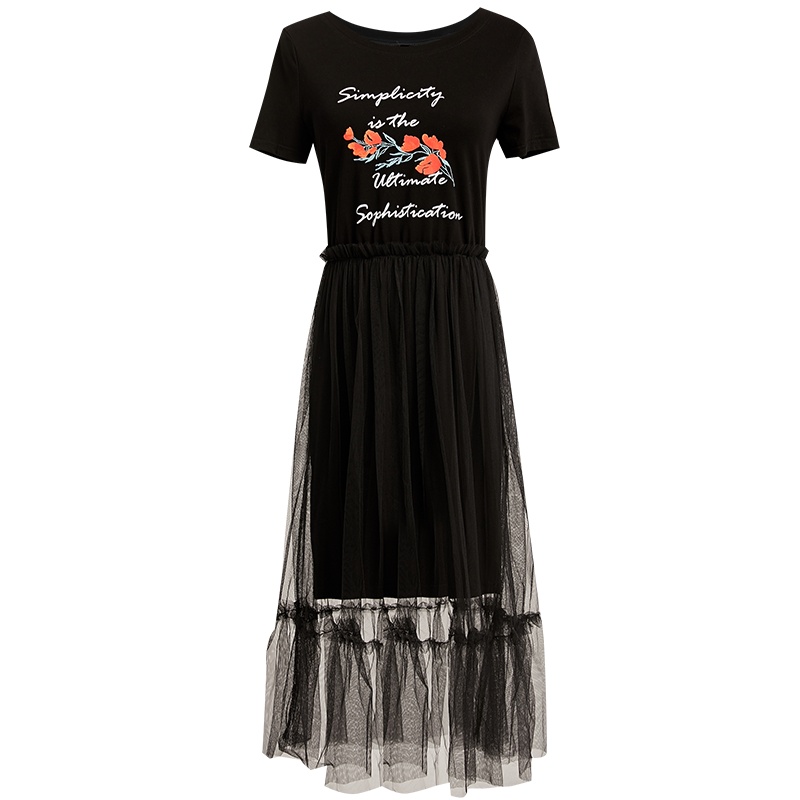 欧昵雪夏季字母印花圆领短袖T恤拼接网纱假两件连衣裙女