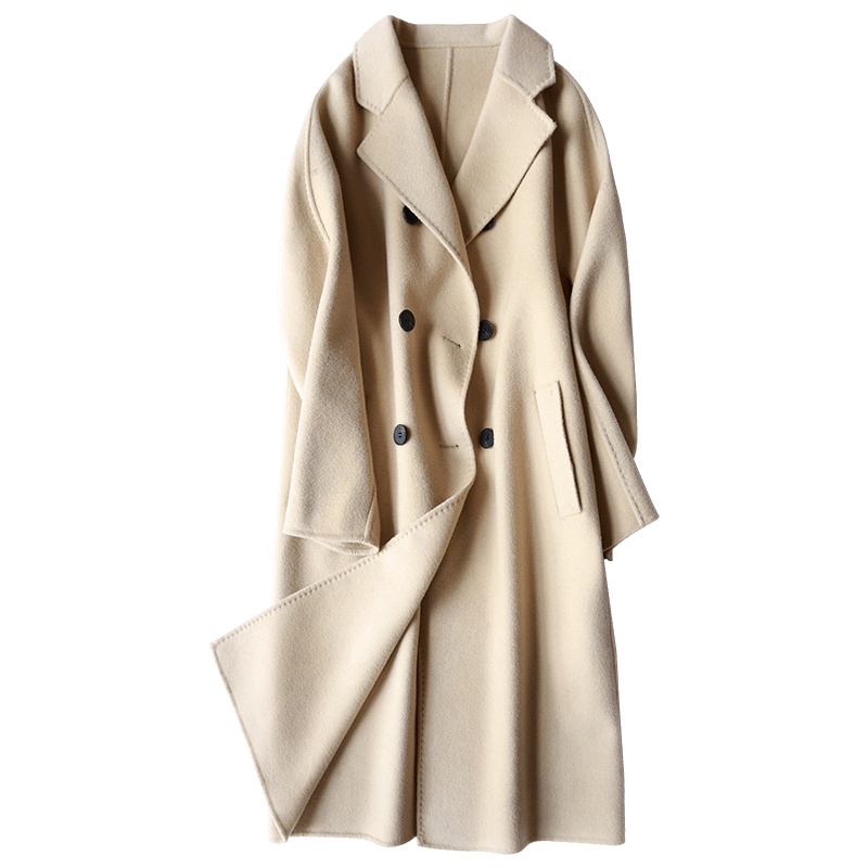 高梵(GOLDFARM)秋冬韩版女士毛呢外套双排扣中长款过膝修身双面呢大衣