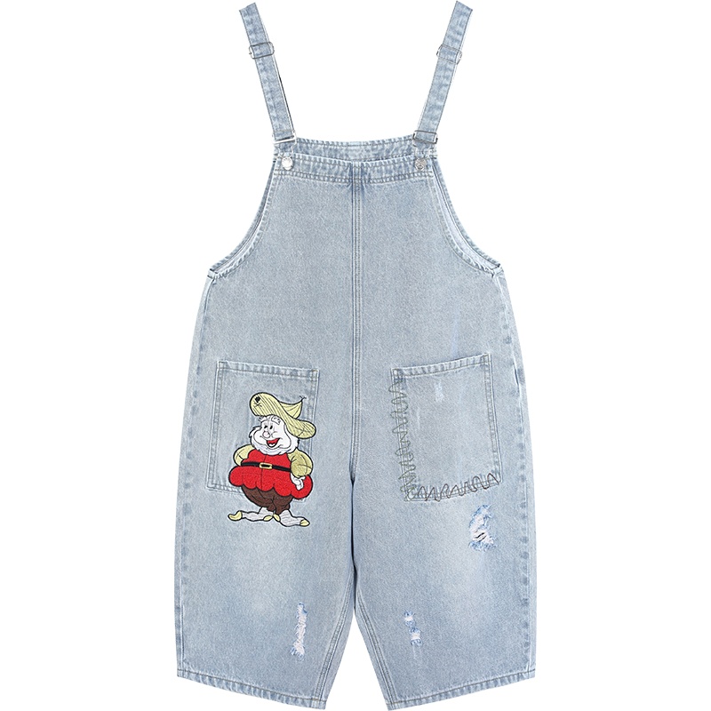 【新款】妖精的口袋重工背带牛仔裤女2020夏季宽松直筒显瘦七分裤