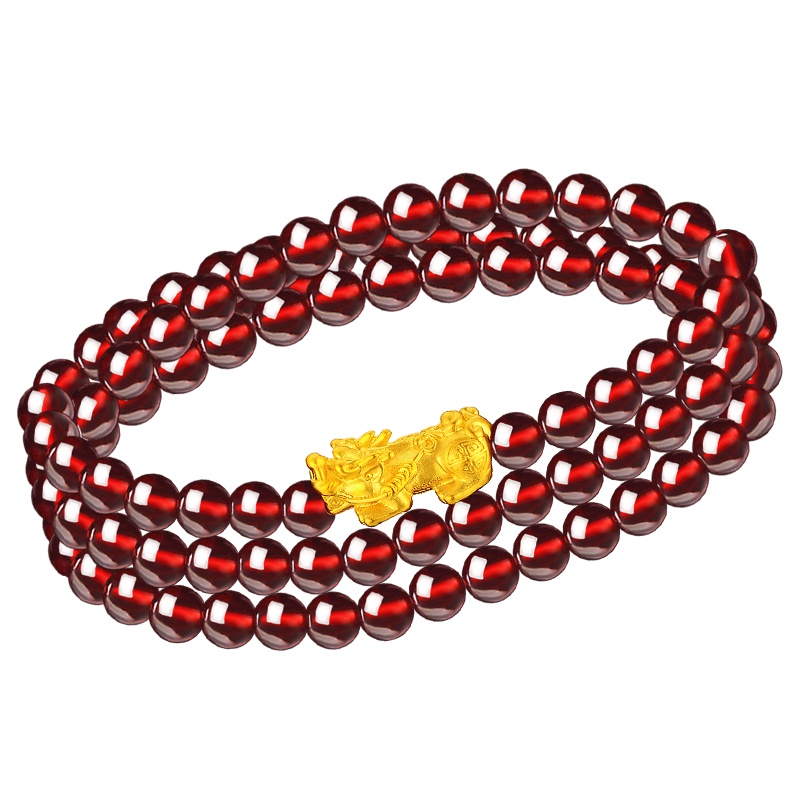 蒂蔻 黄金貔貅手链 石榴石三圈貔貅手链节日礼物送女友送老婆