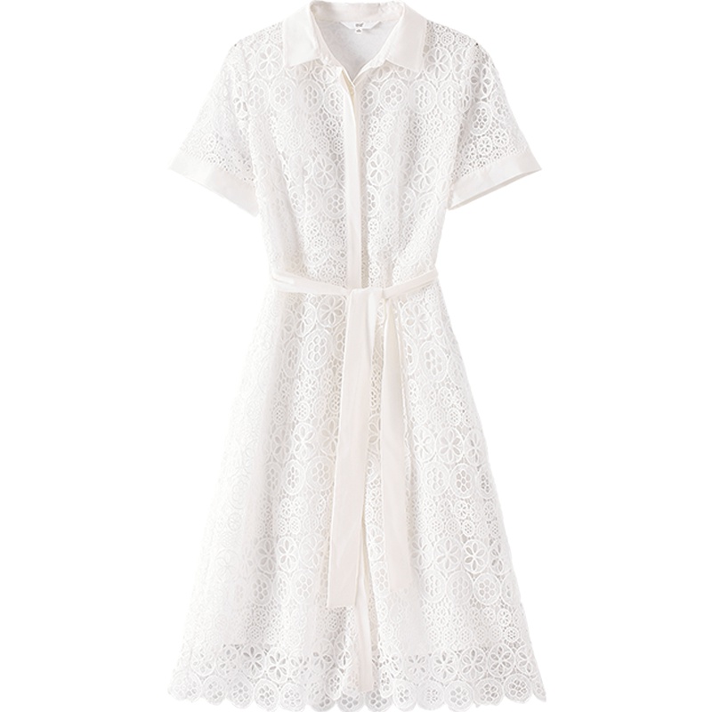 OSA欧莎白色连衣裙2019新款夏收腰显瘦法式智熏裙蕾丝衬衫裙气质