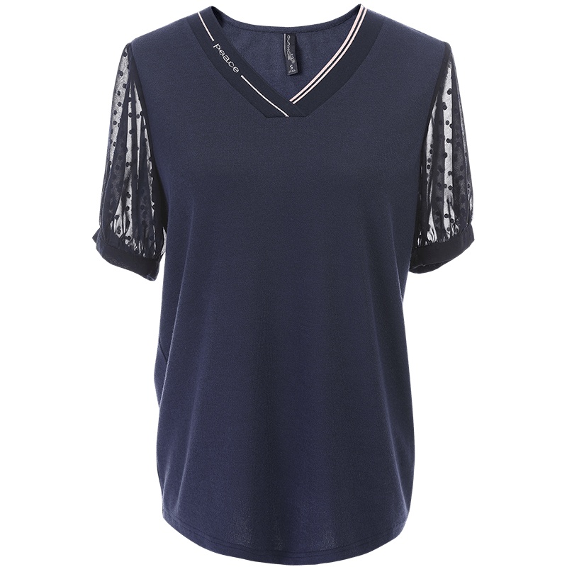 欧昵雪夏季字母V领拼接雪纺短袖显瘦针织衫女套头T恤上衣