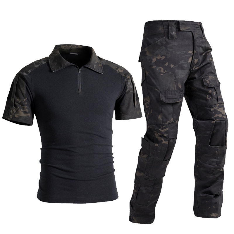 夏季迷彩服战术蛙服套装男野外作训服修身战斗服夏款军迷服战术服CP黑-短(M 码)