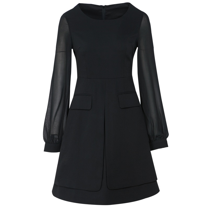 晚白女裙装春季新品通勤职业圆领微透衬衫袖收腰A摆纯色连衣裙