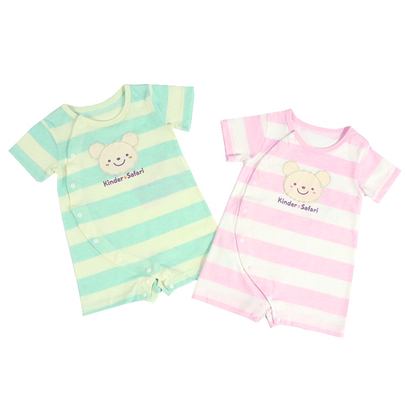 安笛贝乐童装男女婴儿通用绿色条纹连体衣夏薄款短袖短裤纯棉宝宝粉色条纹内衣服斜襟半袖哈衣爬服59-73cm